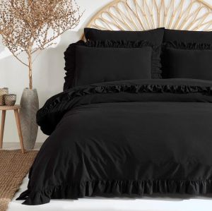 czarna ekskluzywna pościel bawełniana 160x200 z falbanką stonewashed BLACK 