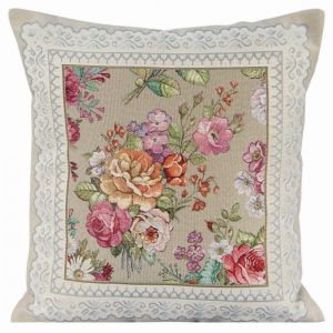 oliwkowa poszewka dekoracyjna gobeliowa tkana kwiaty 45x45 EUROFIRANY