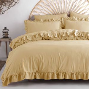 kremowa ekskluzywna pościel bawełniana 220x200 z falbanką stonewashed soybean