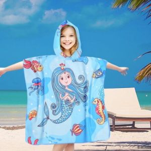 niebieska syrenka poncho ręcznik z mikrofibry plażowy dla dzieci z kapturkiem 60x60 COTTON WORLD