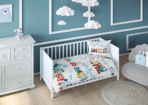 pociąg słodziaków dwustronna pościel bawełniana maya moo 100x135 + 40x60 do łóżeczka 5507B