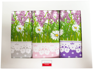 lawenda komplet białych ścierek kuchennych pudełko