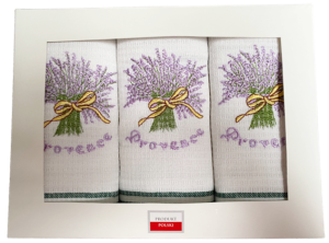 bukiet lawendy komplet ścierek kuchennych haftowanych pudełko