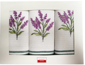 lawenda komplet ścierek kuchennych haftowanych pudełko