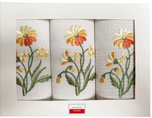 żółte kwiaty komplet ścierek kuchennych haftowanych pudełko