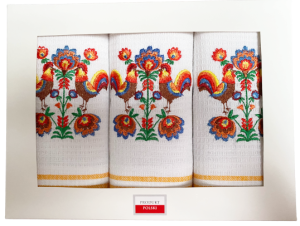 koguty komplet ścierek kuchennych haftowanych pudełko