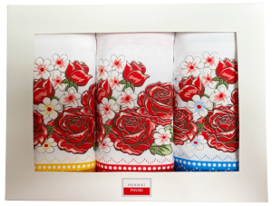 róże komplet białych ścierek kuchennych pudełko
