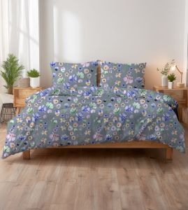 malowane kwiaty szare pościel kora bawełniana 160x200 PREMIUM