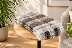 biało karmelowy koc wełniany z frędzlami w kratę 150x200 produkt polski